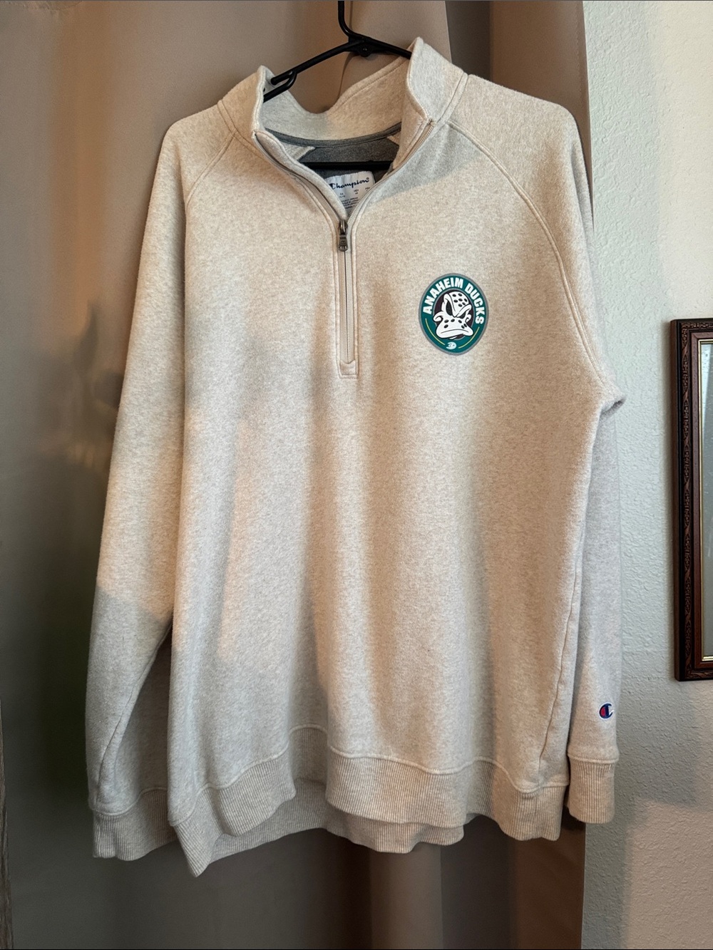 Champion Men’s Quarter-Zip Sweatshirt in Cream with Green Crest Anaheim Ducks
